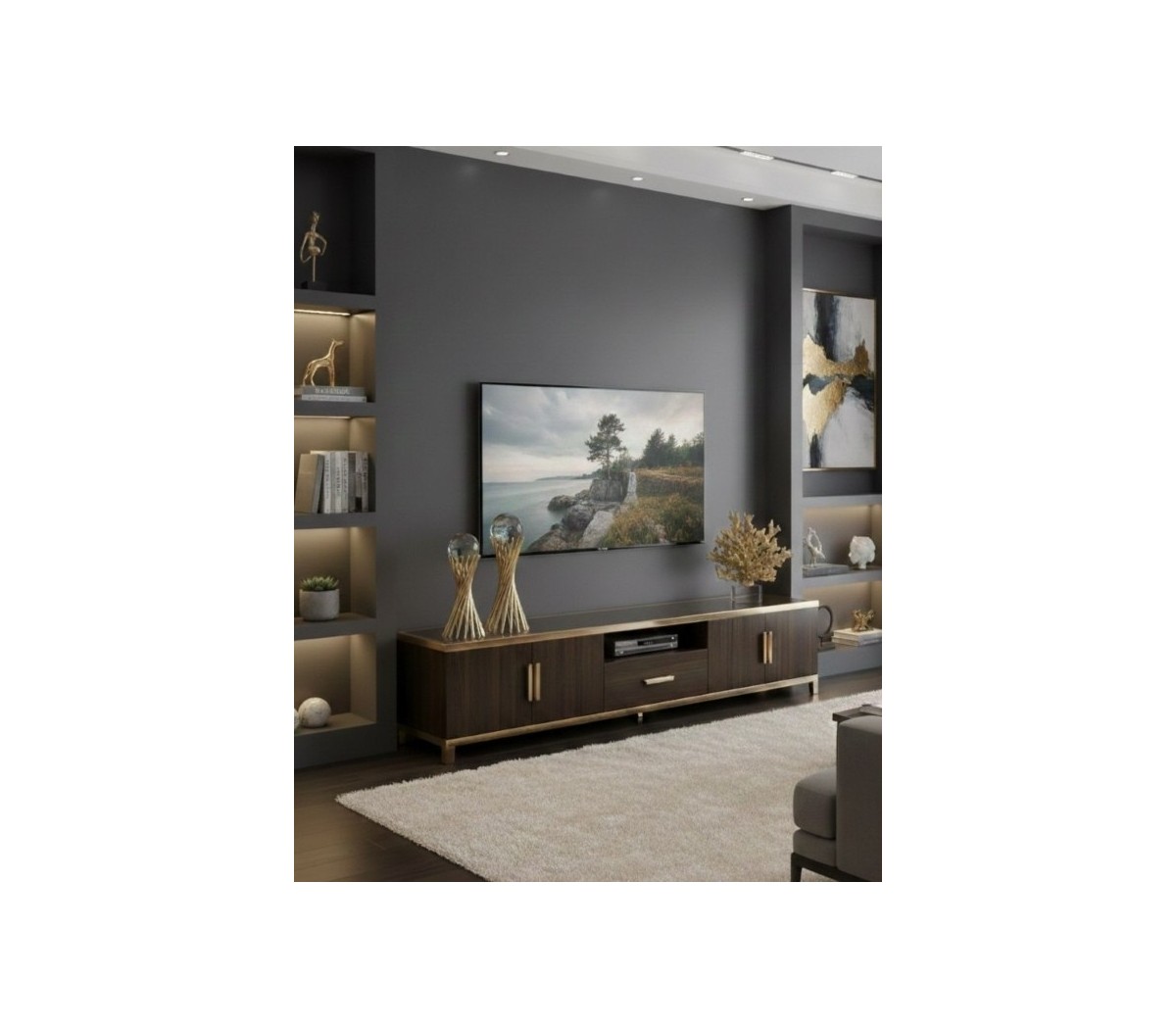 ایده چیدمان دکوری روی میز تلویزیون